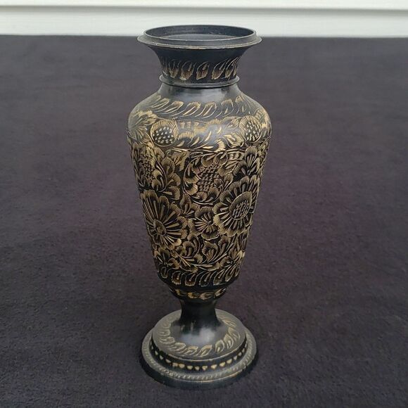 Set of 2 Vintage Brass Vases Gold Etching Hand Painted - Picture 3 of 13